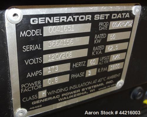 Used Generac 50 kW prime rated natural gas generator set, model DG 50 SN-3664156. Generac 5.7L engine rated 74 HP @ 1800 RPM. 3/60/120/208V. 200 Amp main-line circuit breaker. Weather enclosure. 115 ...