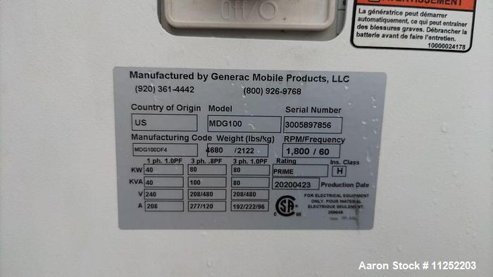 Used-Generac Diesel Power Generator,  Model MDG100DF4