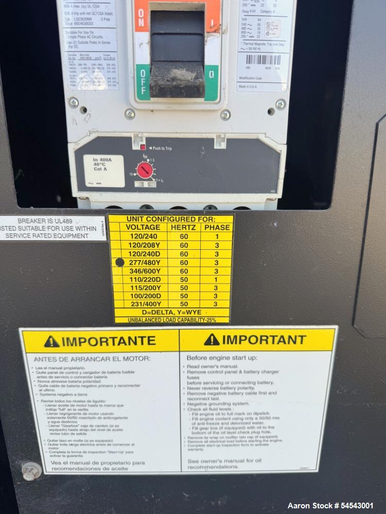 Used Generac Natural Gas Generator, Model MG0300. 300 KW. Enclosed OH0924 Engine. Weather Enclosure. Eaton Inline 630 Amp Breaker. Coolant Heater. Built 2012. 3/60/277/480V. 160 hours Reported. Seria...