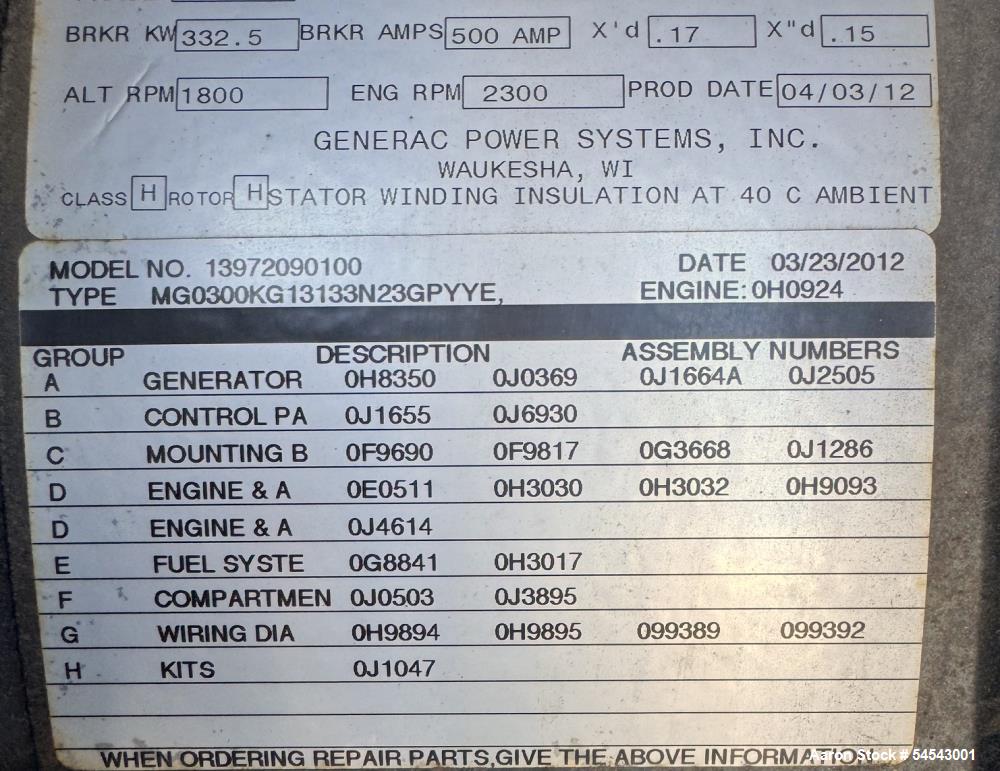 Used Generac Natural Gas Generator, Model MG0300. 300 KW. Enclosed OH0924 Engine. Weather Enclosure. Eaton Inline 630 Amp Breaker. Coolant Heater. Built 2012. 3/60/277/480V. 160 hours Reported. Seria...