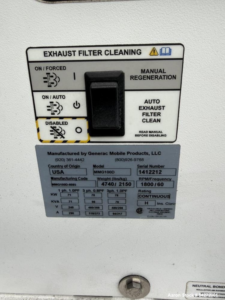 Used Generac Magnum MMG100, serial number 1412212, with only 48.6 hours of operation. It is powered by a John Deere 4045HFG92 engine (serial number PE4045R058275) featuring a 4.5L displacement and AT...