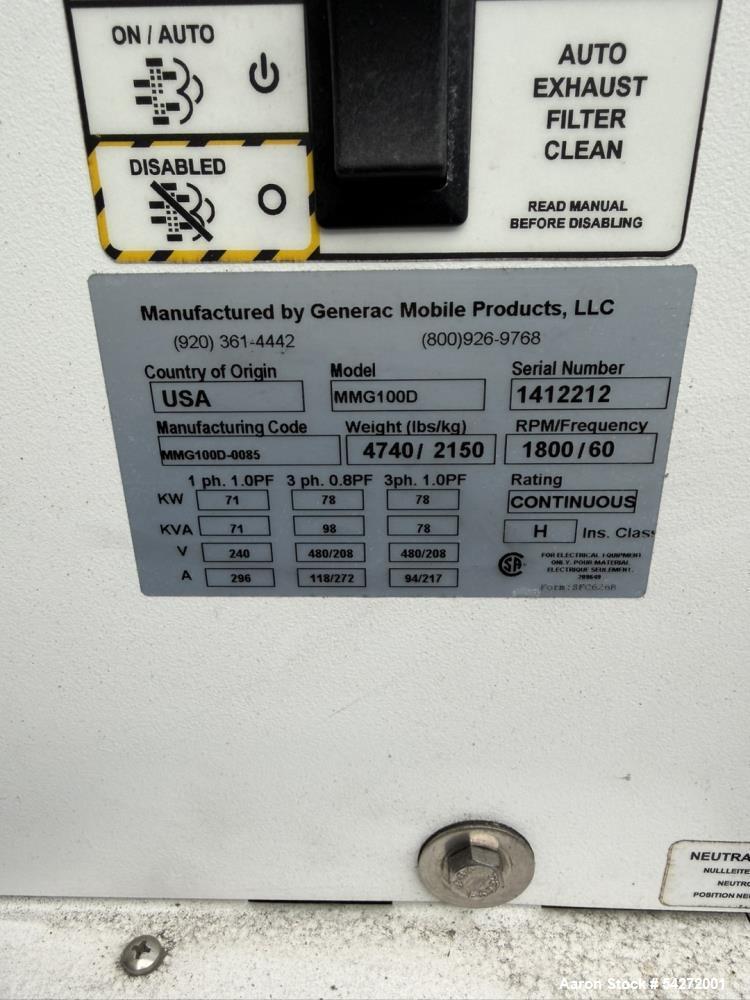 Used Generac Magnum MMG100, serial number 1412212, with only 48.6 hours of operation. It is powered by a John Deere 4045HFG92 engine (serial number PE4045R058275) featuring a 4.5L displacement and AT...