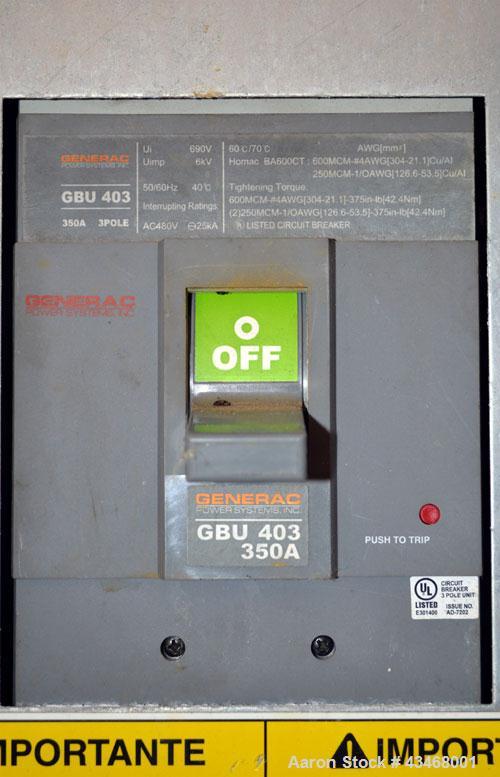Used Generac 100 kW natural gas generator set.Model QT10068JNSN 125 KVA SN-4898862, 3/60 120/240V. 350 Amp main-line circuit breaker. Weather enclosure.UL listed generator assembly. Yr 2007.