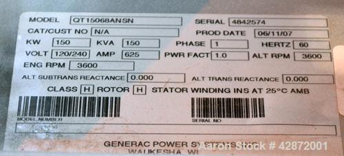 Used Generac 150 kW Natural Gas Generator Set, Model QT15068ANSN SN-4842574, Ford model WSG1068 SN-07VS65939. 1/120/240V. 700 Amp main-line circuit breaker. Weather Enclosure, Year 2007, 0 Hours