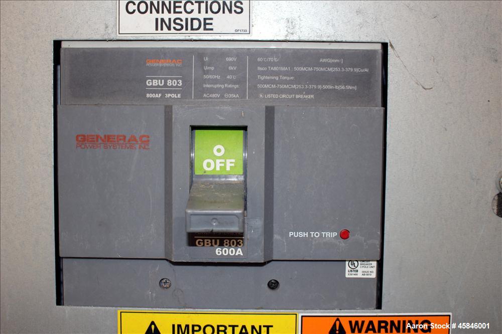 Used Generac 150 kW standby natural gas generator set, model QT15068GNSN, SN-4349093. Ford 6.8L V-10 engine rated 254 HP at 3600 RPM. 3/60/120/208V. 600 Amp main-line circuit breaker. Weather enclosu...