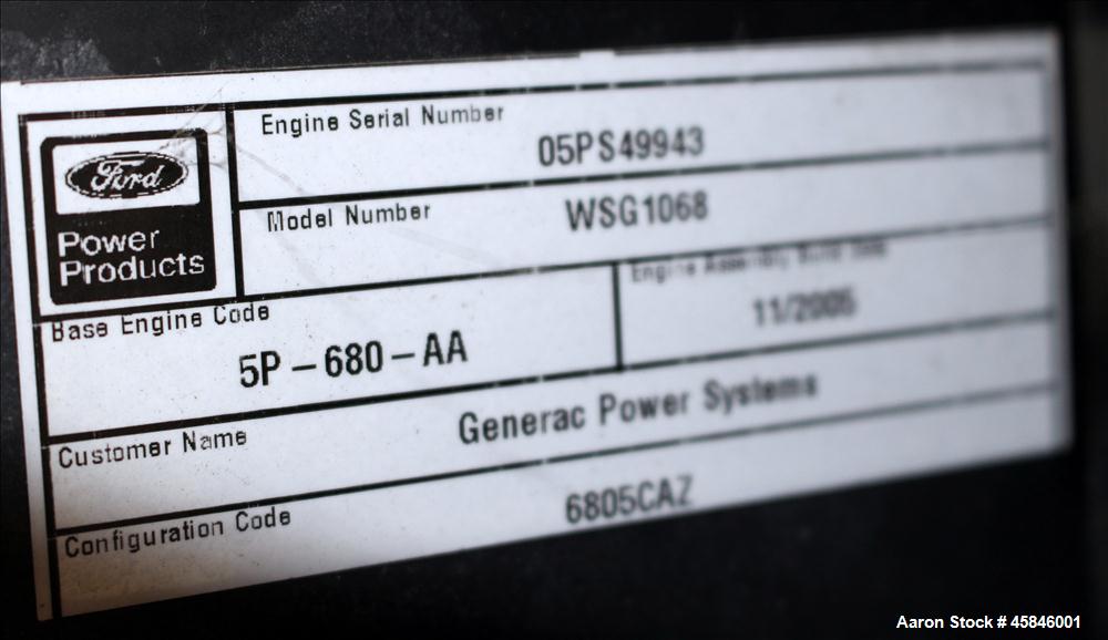 Used Generac 150 kW standby natural gas generator set, model QT15068GNSN, SN-4349093. Ford 6.8L V-10 engine rated 254 HP at 3600 RPM. 3/60/120/208V. 600 Amp main-line circuit breaker. Weather enclosu...