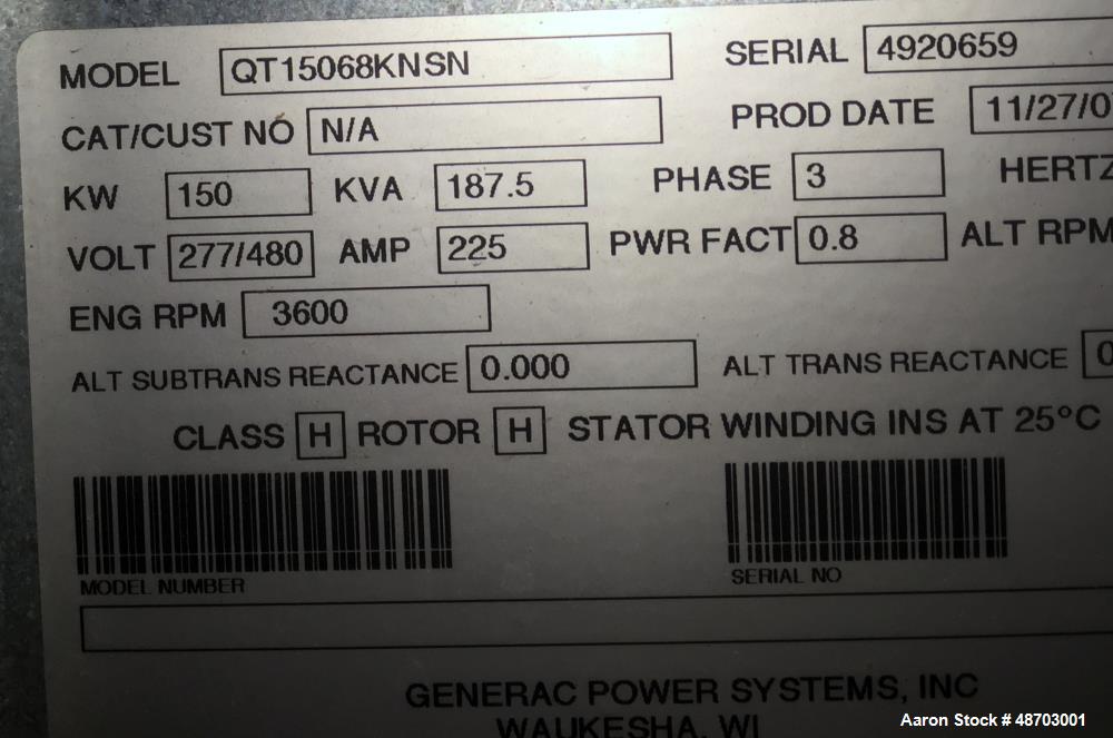 Used- Generac 150kW Natural Gas Generator Set, Model QT15068KNSN, SN-4920659.