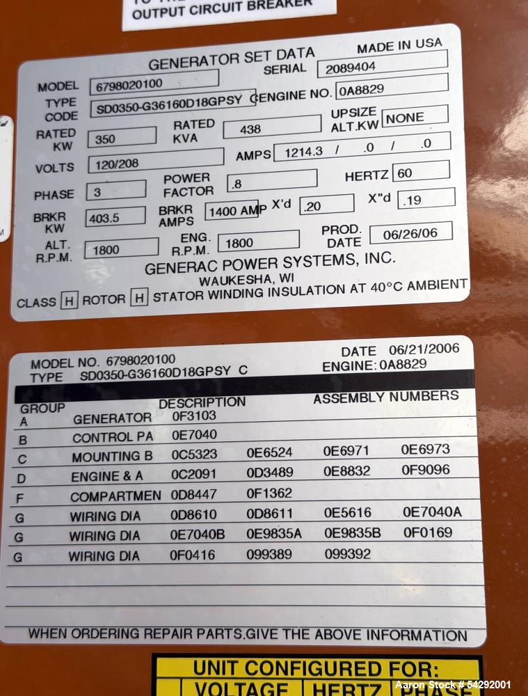 Buy Used Generac 350kW Standby Generator – 800A Breaker, Only 276 Hours