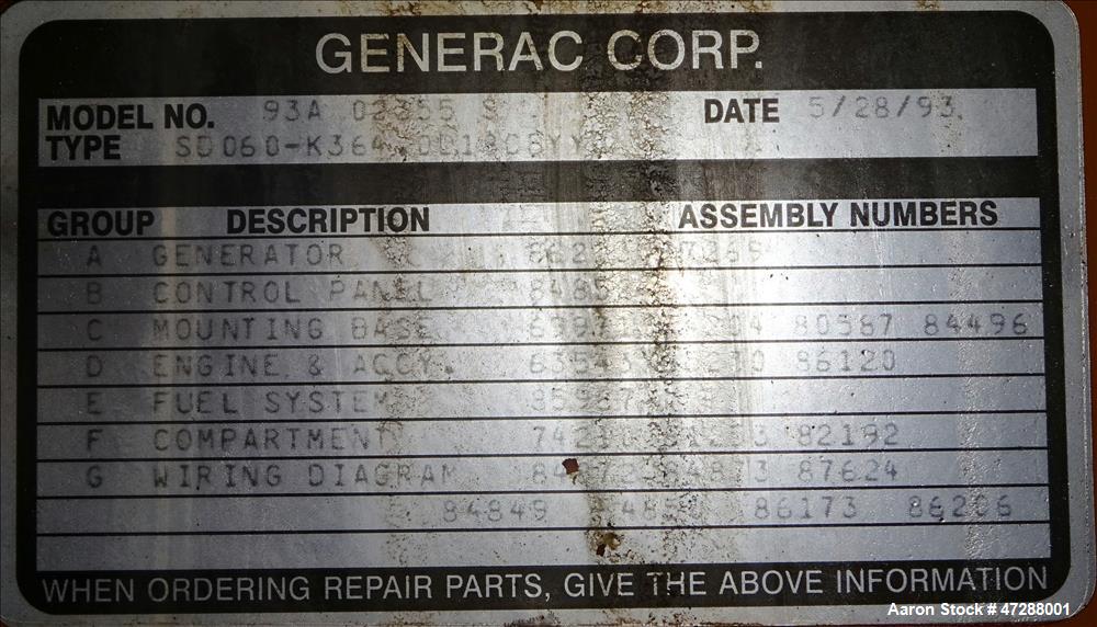 Used Generac 60 KW Diesel Generator set, Model SD060.