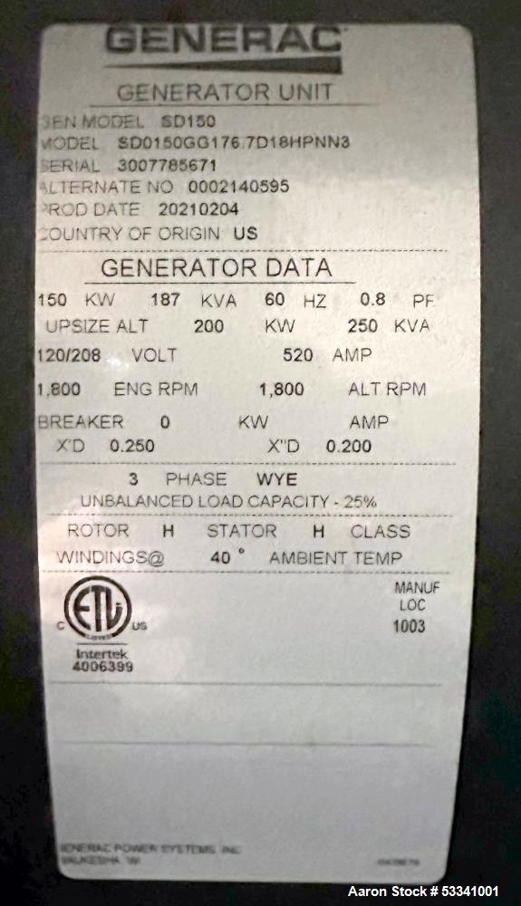 Generac Diesel Generator Set, Model SD150.