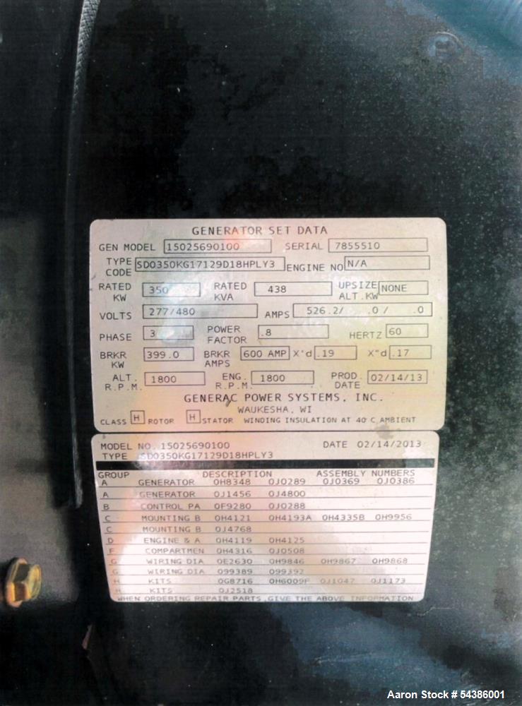 Used Generac SD350 Diesel Generator – 350 kW / 438 kVA with 2,000 Gallon Base Tank, Only 275 Hours