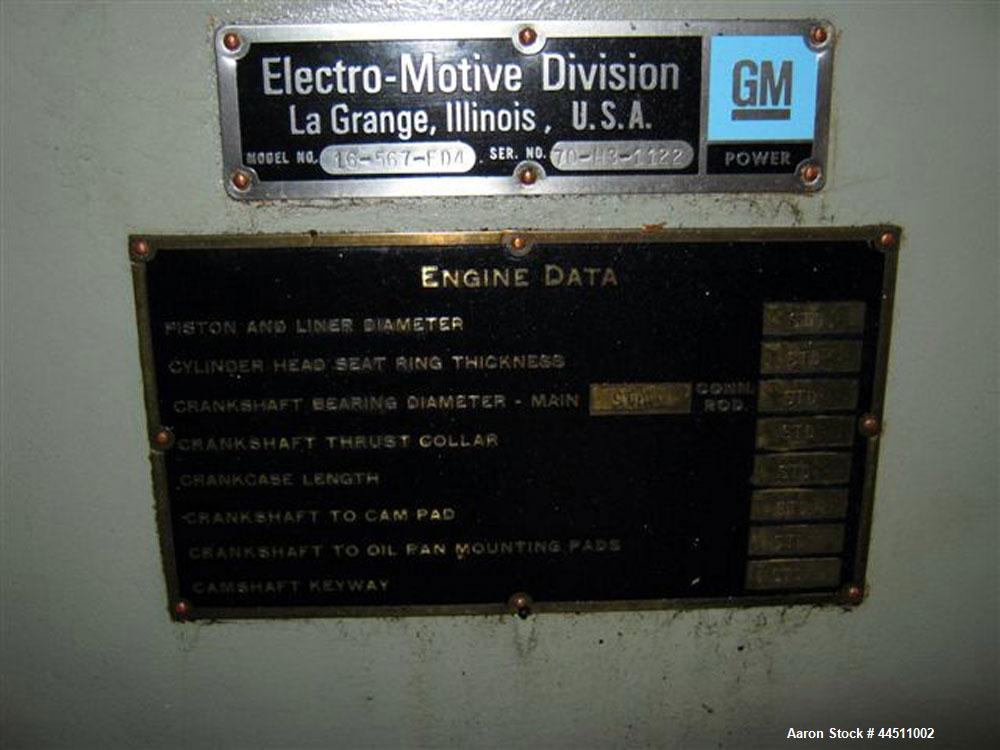 Used General Motors 2000 kW Diesel Generator Set.  EMD Model 16-567-FD4 engine, rated 2875 hp @ 900 rpm, serial #70-M3-1122.  3/60/4160V.  Weather enclosure.  125 Gallon day tank. Control building wi...