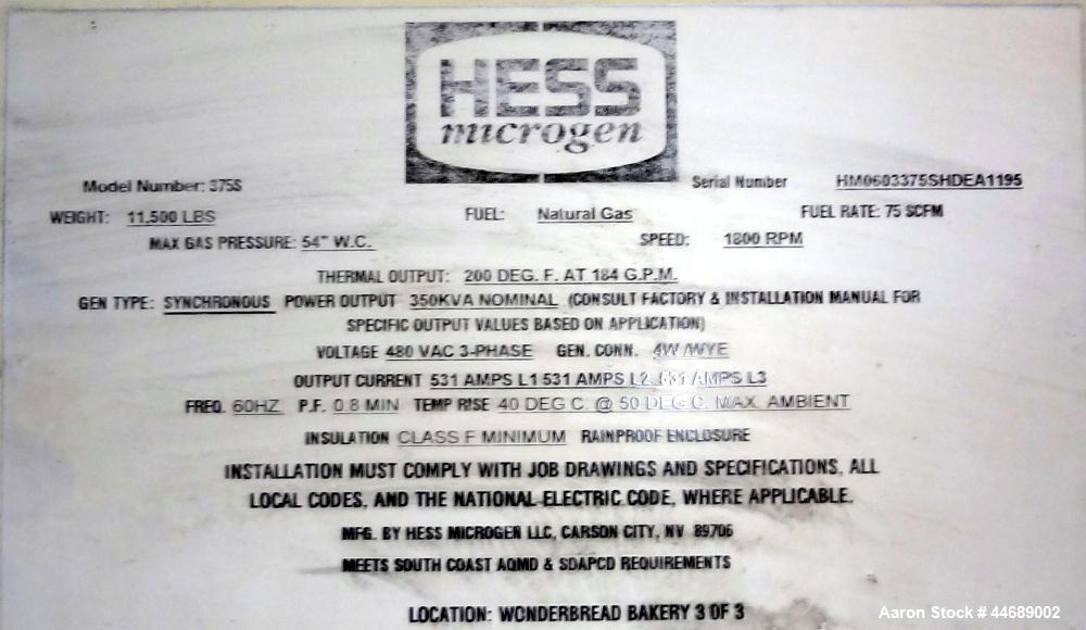 Unused-Hess Microgen 400 kW continuous rated natural gas generator set. Dawoo engine model GV222 TI 22 liter SN-EEYOA200217. 3/60/480V. 800 Amp main-line circuit breaker. New Basler 2020 control pane...