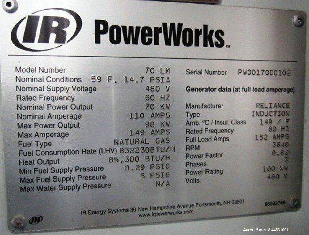 Used Ingersoll-Rand PowerWorks 70 kW Microturbine / Peak Shaving Natural Gas Generator Set, Model 70LM, Serial #PW00170D0102, 3/60/480V.  250 Amp mainline circuit breaker.  5412 Hours. Year 2001. Pat...