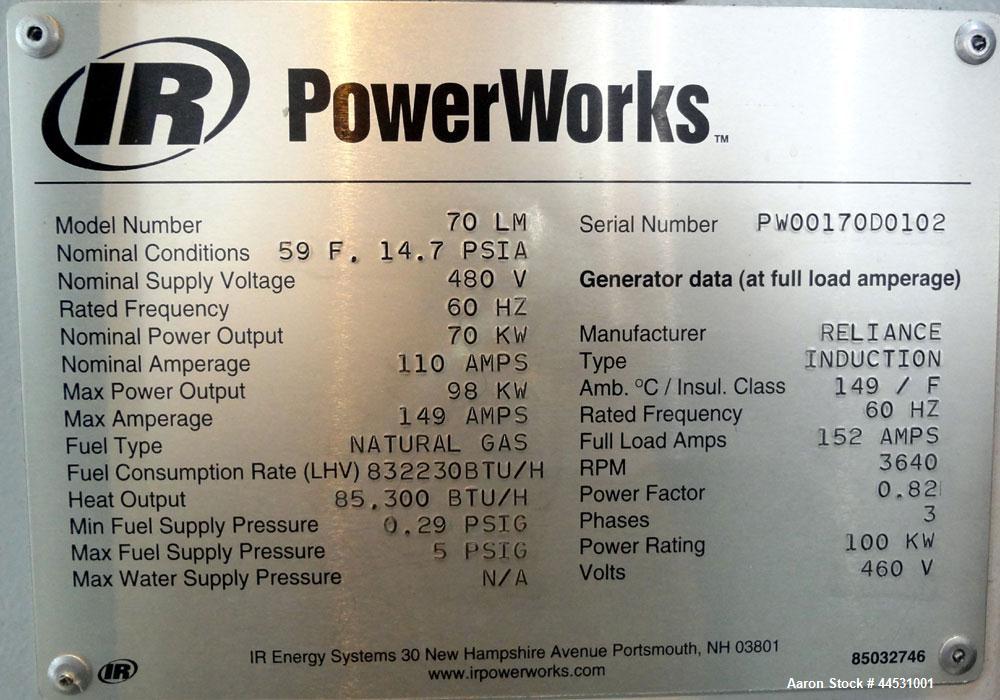 Used Ingersoll-Rand PowerWorks 70 kW Microturbine / Peak Shaving Natural Gas Generator Set, Model 70LM, Serial #PW00170D0102, 3/60/480V.  250 Amp mainline circuit breaker.  5412 Hours. Year 2001. Pat...