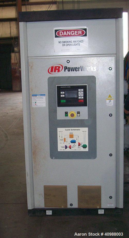 Used Ingersoll Rand Microturbine Generator, Model MT70. 70 kW out, natural gas 4" to 75 psig, 950,000 BTU per hour, 28% efficient, heat rate 13,550 BTU/kWh, 450 F exhaust temp, 1.6 lbm/s exhaust gas ...