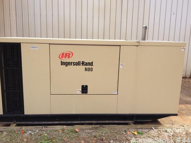 Used Ingersoll Rand 80 kW Standby (68 kW Prime) Natural Gas Generator Set. IR Model N80, Serial 350811UK0A41. GM Vortec 8.1L engine, serial 8.1L-08850. 3/60/277/480V. 150 Amp mainline circuit breaker...