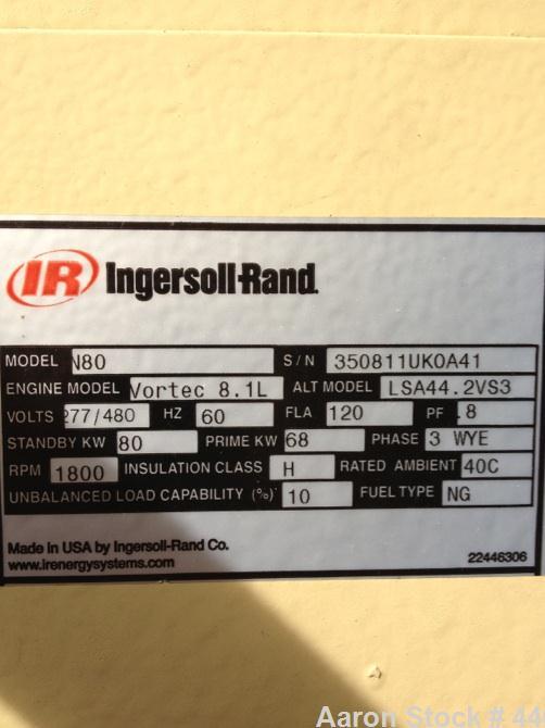Used Ingersoll Rand 80 kW Standby (68 kW Prime) Natural Gas Generator Set. IR Model N80, Serial 350811UK0A41. GM Vortec 8.1L engine, serial 8.1L-08850. 3/60/277/480V. 150 Amp mainline circuit breaker...