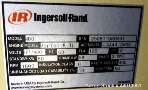 Used Ingersoll Rand 80 kW Standby (68 kW Prime) Natural Gas Generator Set. IR Model N80, Serial 350811UK0A41. GM Vortec 8.1L engine, serial 8.1L-08850. 3/60/277/480V. 150 Amp mainline circuit breaker...