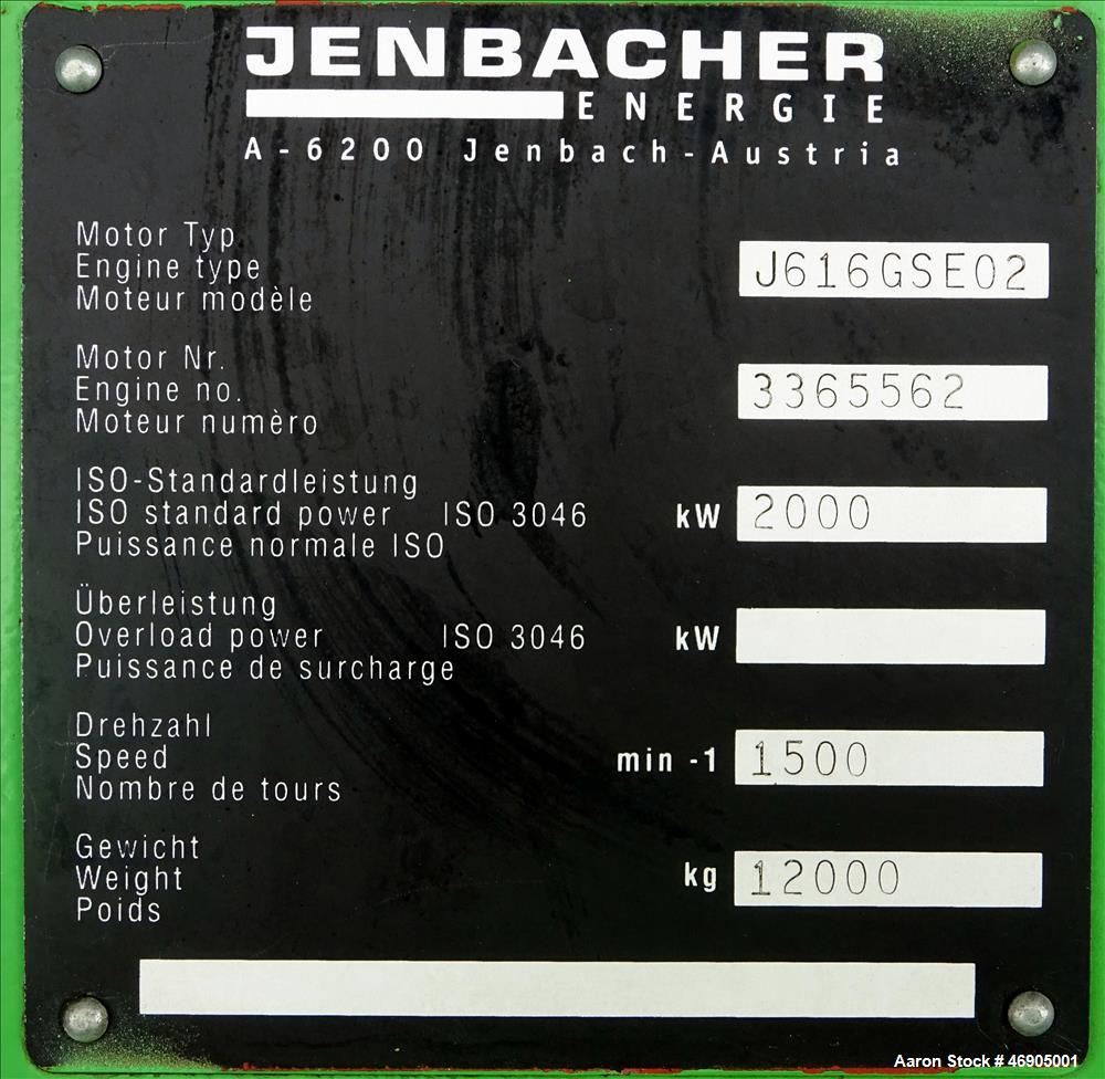 Used Jenbacher 2000 kW natural gas generator. Jenbacher J616GS engine