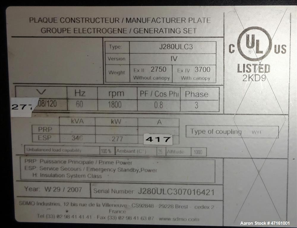 Used John Deere / SDMO 277 kW diesel generator. John Deere 6090HF485 EPA Tier 3