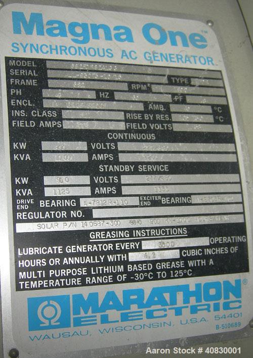 Used Solar/Saturn 1000 kW Gas Turbine Generator Set, Diesel Fueled, Model KS22673, Assembly 37061, Serial #8425602. 3/60/480V.  New engine installed 1998 with 616 actual hours, total set hours are 78...