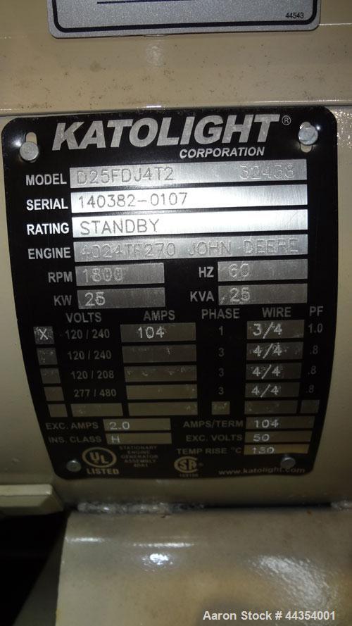 Used Katolight 25 kW standby (20kW prime) diesel generator set model D25FDJ4T2, SN-140382. John Deere model 4042TF270 engine rated 48 HP @ 1800 RPM, emissions EPA Tier 2 certified. UL 2200 package. 1...