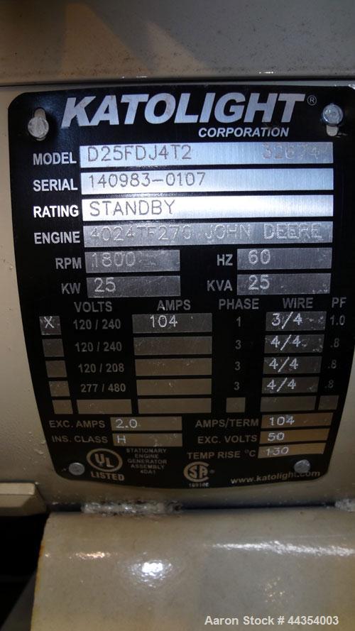 Used Katolight 25 kW standby (20kW prime) diesel generator set model D25FDJ4T2 SN-140983-0107. John Deere model 4042TF270 engine rated 48 HP @ 1800 RPM, emissions EPA Tier 2 certified. UL 2200 packag...
