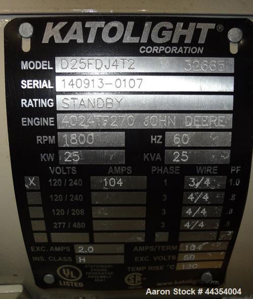 Used Katolight 25 kW Standby (20kW Prime) Diesel Generator Set, model D25FDJ4T2, serial #140913-0107. John Deere model 4042TF270 engine rated 48 hp @ 1800 rpm, emissions EPA Tier 2 certified. UL 2200...