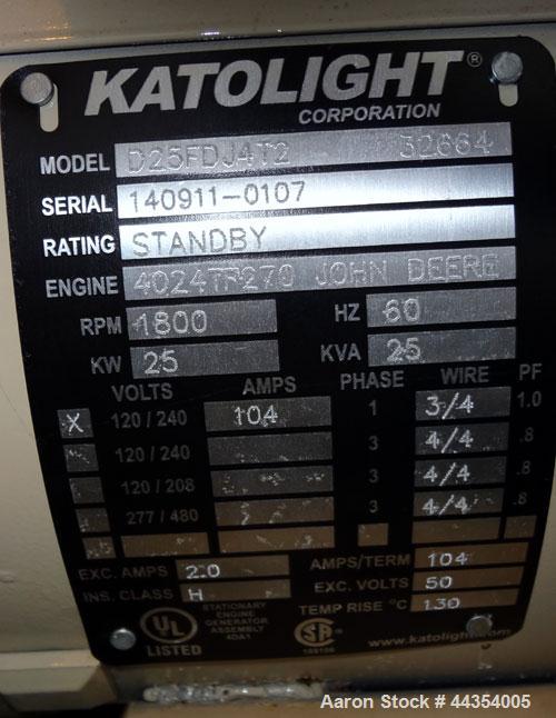Used Katolight 25 kW standby (20kW prime) diesel generator set model D25FDJ4T2 SN-140911-0107. John Deere model 4042TF270 engine rated 48 HP @ 1800 RPM, emissions EPA Tier 2 certified. UL 2200 packag...