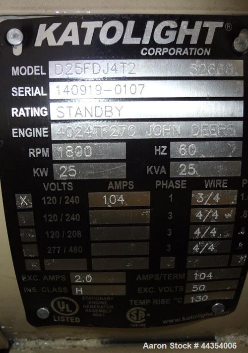 Used Katolight 25 kW standby (20kW prime) diesel generator set model D25FDJ4T2 SN-140919-0107. John Deere model 4042TF270 engine rated 48 HP @ 1800 RPM, emissions EPA Tier 2 certified. UL 2200 packag...