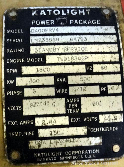 Used Katolight 400 kW Standby (350 kW prime) Diesel Generator Set, model D400FRV4, Serial #LM235869. Volvo model TWD1630GP engine rated 605 hp @ 1800 rpm. 3/60/277/480V. 600 Amp main-line circuit bre...