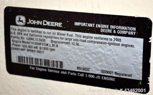 Used Katolight 415 kW diesel generator set, model D415FRJ4, SN-WA537840-97232-0304, John Deere model 6125HF070 engine, EPA tier II certified, SN-RG6125H039104. 3/60/277-480V. 600 Amp main-line circui...