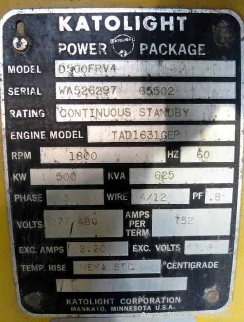 Used Katolite 500 kW Standby Diesel Generator Set, Model D500FRV4, Serial WA52629765502. Volvo TAD1631GE engine rated 743 hp @ 1800 rpm. 3/60/277/480V. 600 Amp and 200 Amp main-line circuit breakers....