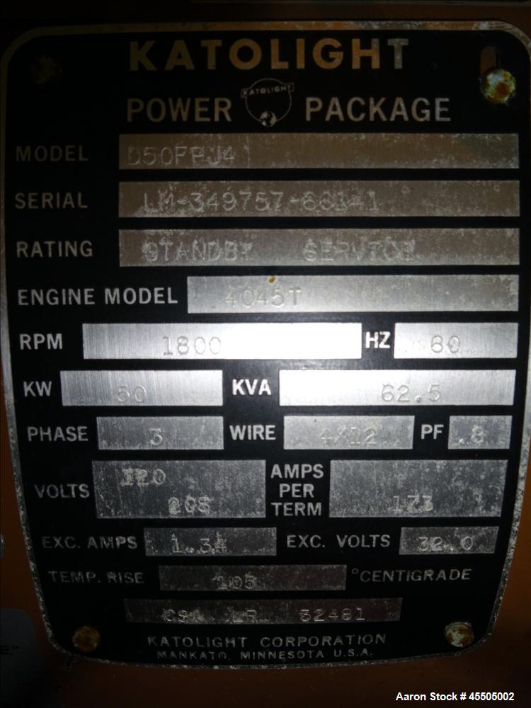 Used John Deere/Katolight 50 kW Standby Diesel Generator Set, Model D50FPJ4