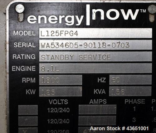 Used Katolite 125 kW Standby Natural Gas Generator Set. Katolight model NL125FPG4 SN-GEN0916DTS. GM 8.1 Liter engine rated 210 HP @ 1800 RPM SN-8.1L-07408. 3/60/120/208V 12 lead reconnectable. 400 Am...