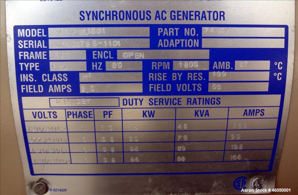 Used Katolight 40 kW standby diesel generator set, model SED40FGJ4, SN-104520-1204. John Deere 4045DF150 engine, SN-PE4045D415478. 1/60/120/240V, reconnectable to 3/60/208/240/277/480V. 175 Amp main-...