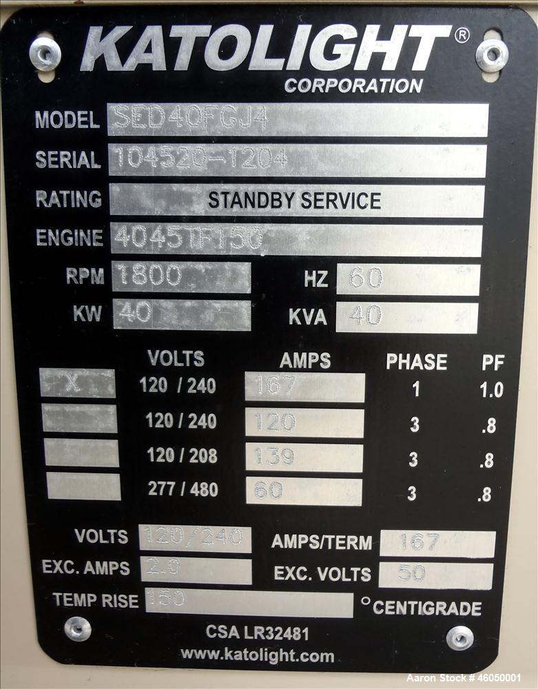 Used Katolight 40 kW standby diesel generator set, model SED40FGJ4, SN-104520-1204. John Deere 4045DF150 engine, SN-PE4045D415478. 1/60/120/240V, reconnectable to 3/60/208/240/277/480V. 175 Amp main-...