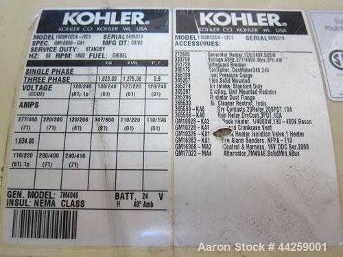 Used MTU / Kohler Power Systems 1020 kW standby diesel generator set, model 1000R0ZD4-12C1, SN-0695319. MTU / Detroit Diesel 16V2000 engine, 4-cycle, rated 1495 HP at 1800 RPM. 3/60/480V. PMG - perma...