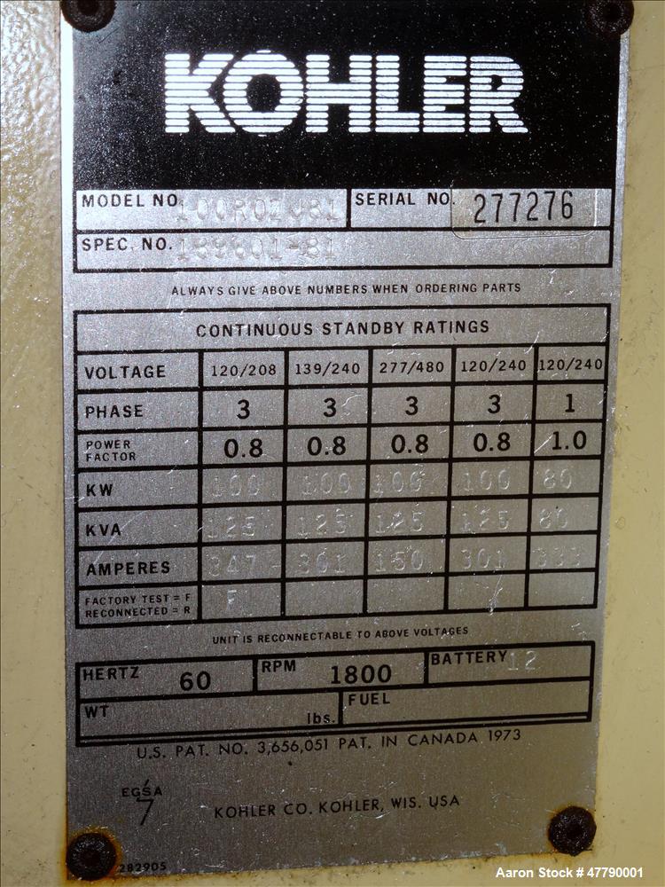 Used Kohler 100kW diesel generator, model 100R0ZJ81 John Deere 6059TF001 engine