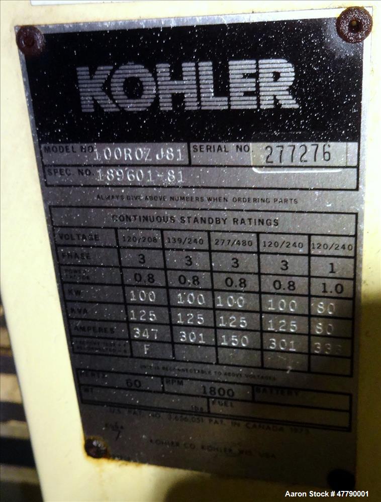 Used Kohler 100kW diesel generator, model 100R0ZJ81 John Deere 6059TF001 engine