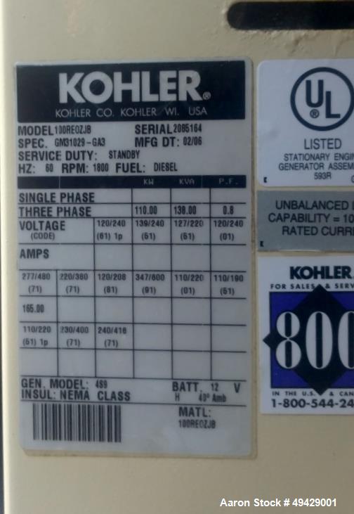 Used Kohler 110 KW Standby Diesel Generator, Model 100RE0ZJB