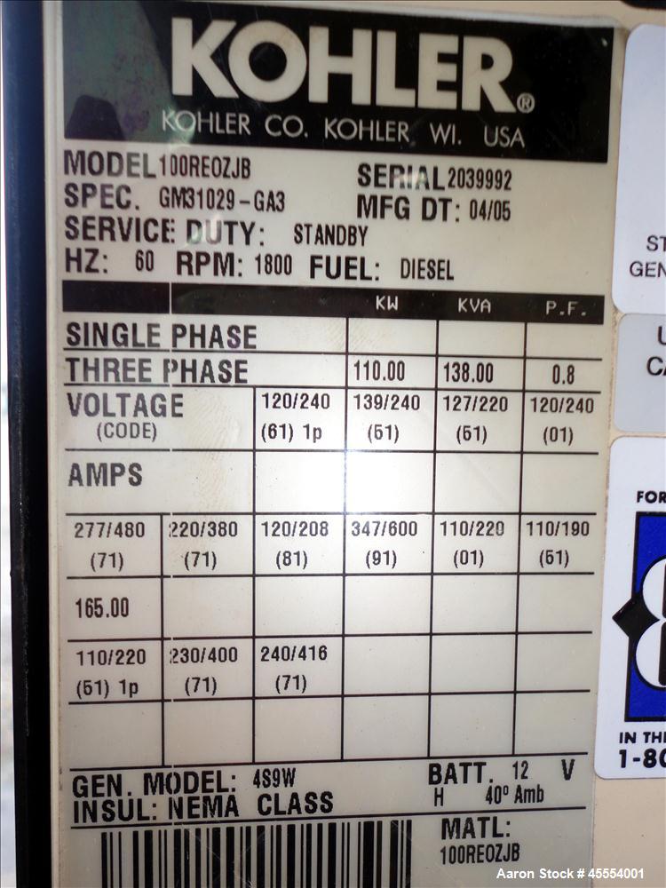 Used Kohler 110 kW Standby Diesel Generator Set, Model 100REOZJB