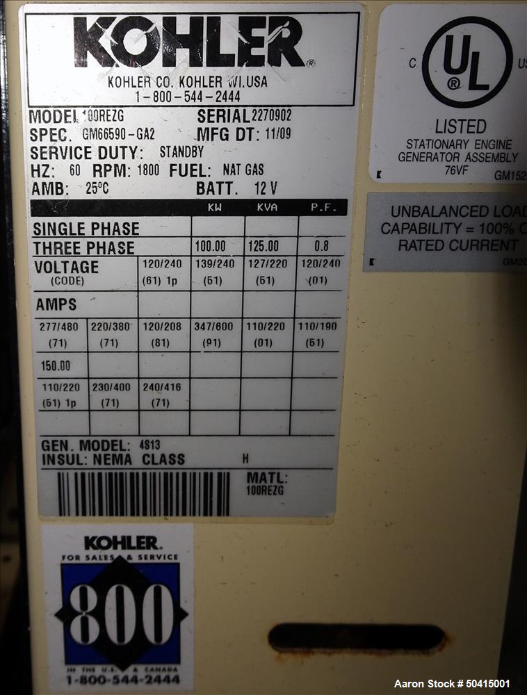 Used Kohler Natural Gas Standby Generator Set