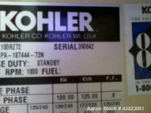 Used-Kohler 100kW Natural Gas Generator Set. Model 100RZ72, Serial 390842, 240 Volt, 3 Phase,101 hours, Year 1997