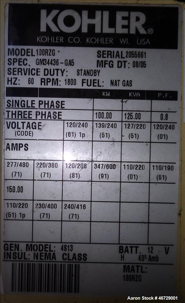 Used Kohler 100 kW natural gas generator model 100RZG, GM 8.1L engine