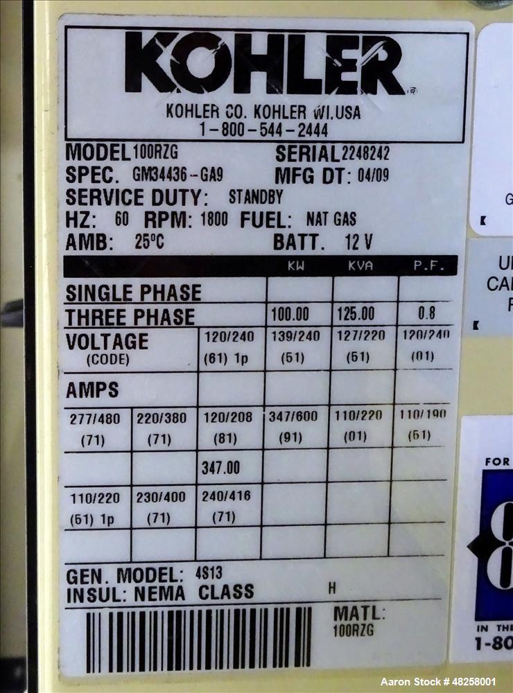 Used Kohler 100 kW  Natural Gas Generator, Model 100RZG. GM 8.1L engine