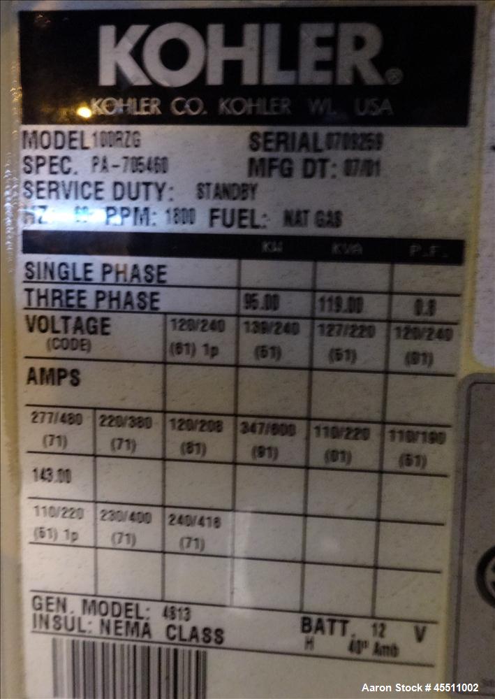 Used- Kohler 95kW Standby Natural Gas Generator Set, Model 100RZ