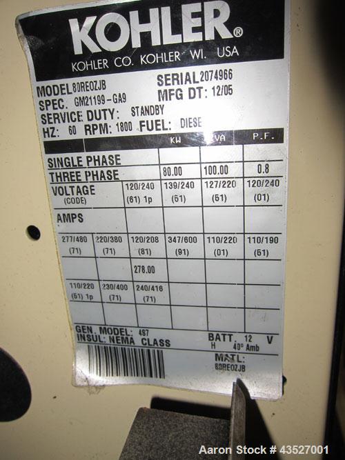 Used Kohler 80 kW Standby Diesel Generator Set, model 80REOZJB, serial #2074966. John Deere model 4045TF250 engine rated 134 hp @ 1800 rpm, EPA Tier I certified, serial #PE4045T515508. 3/60/277/480V....