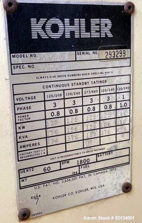 Used Kohler 125 KW standby (110 KW prime) Diesel Generator